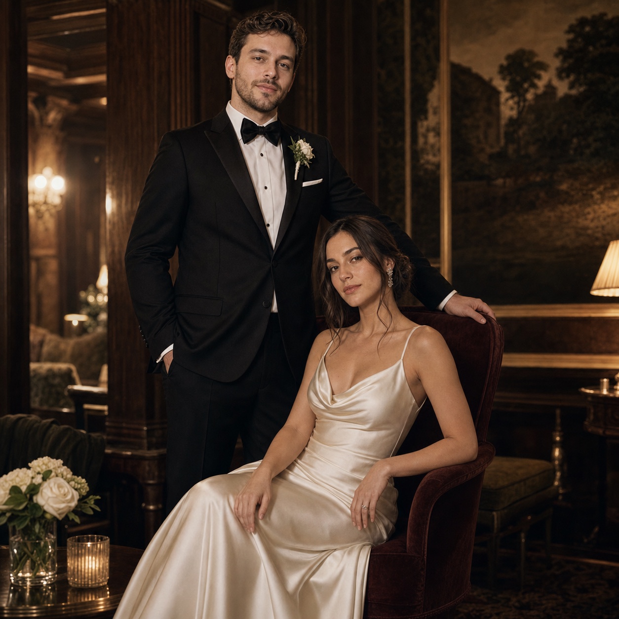 European couple pre-wedding portrait in a Tuscany countryside estate setting