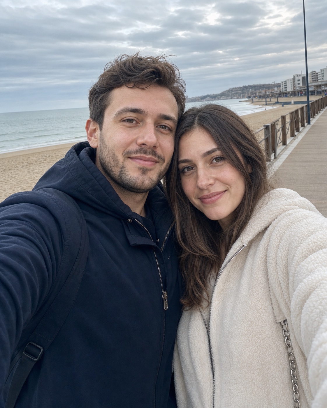 Authentic casual selfie of a European couple before AI pre-wedding portrait generation