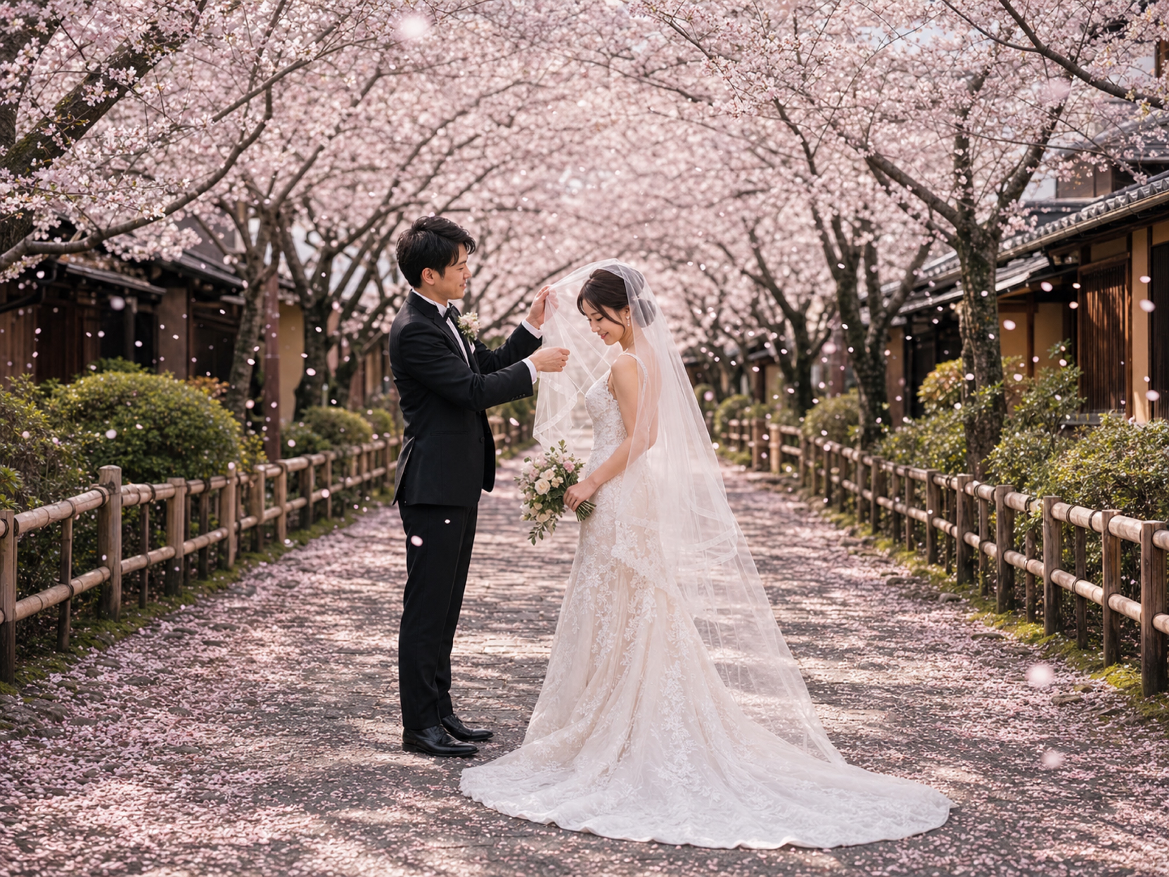 alta calidad Vista previa de la escena de la boda con IA en flor de cerezo de Kioto