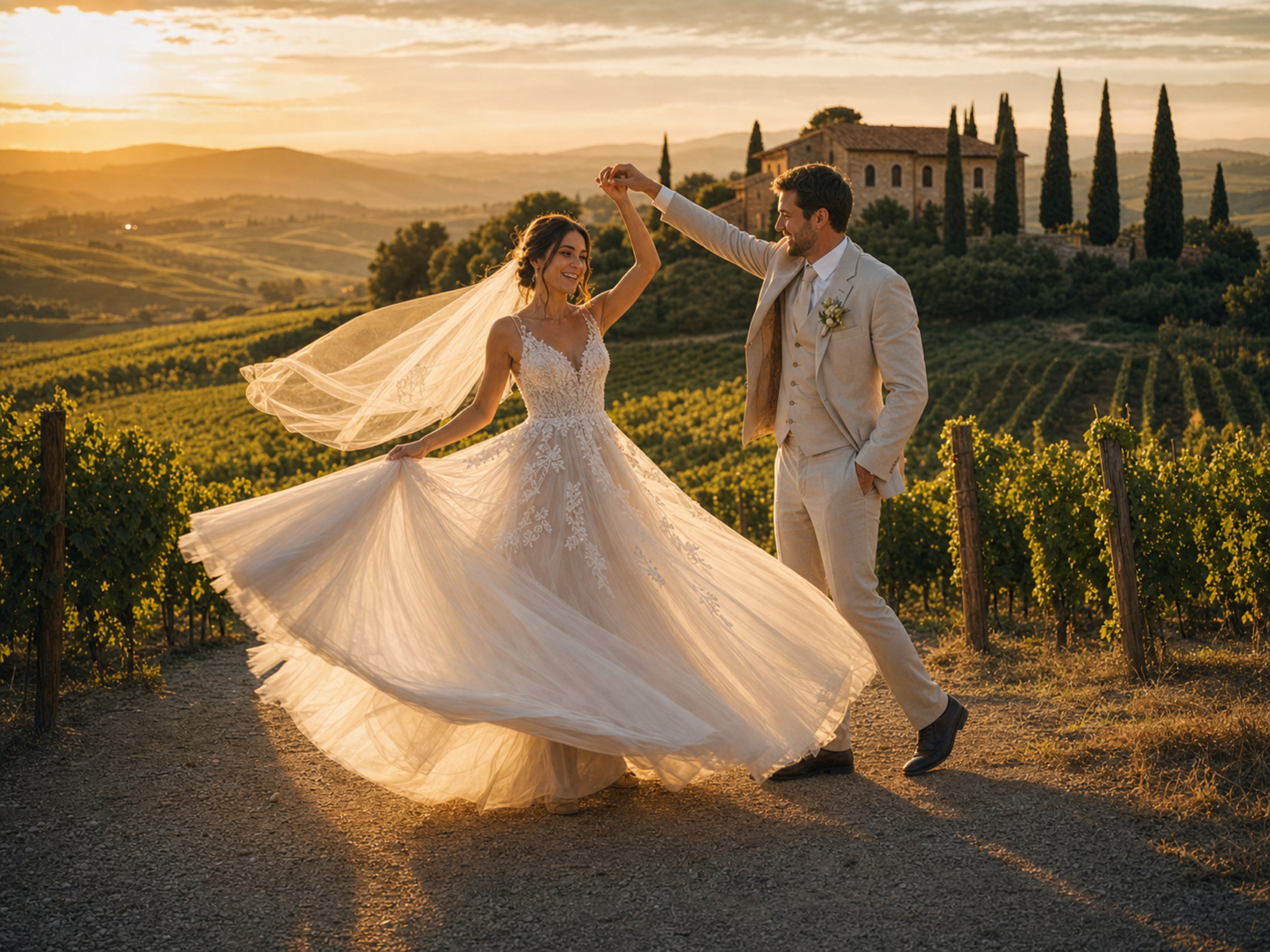 alta calidad Vista previa de la escena de la boda con IA del viñedo de Toscana