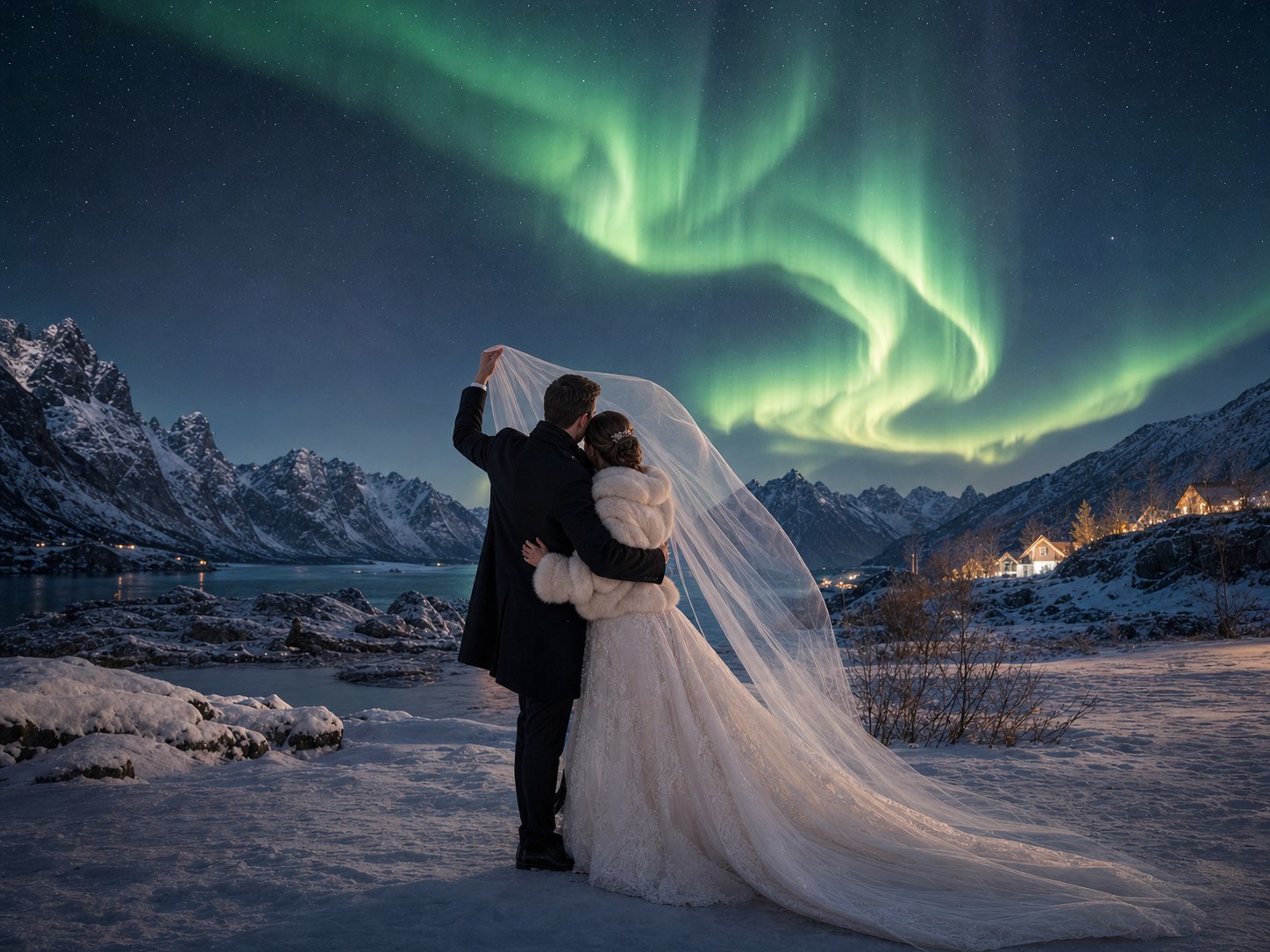 Northern lights illuminating romantic winter wedding