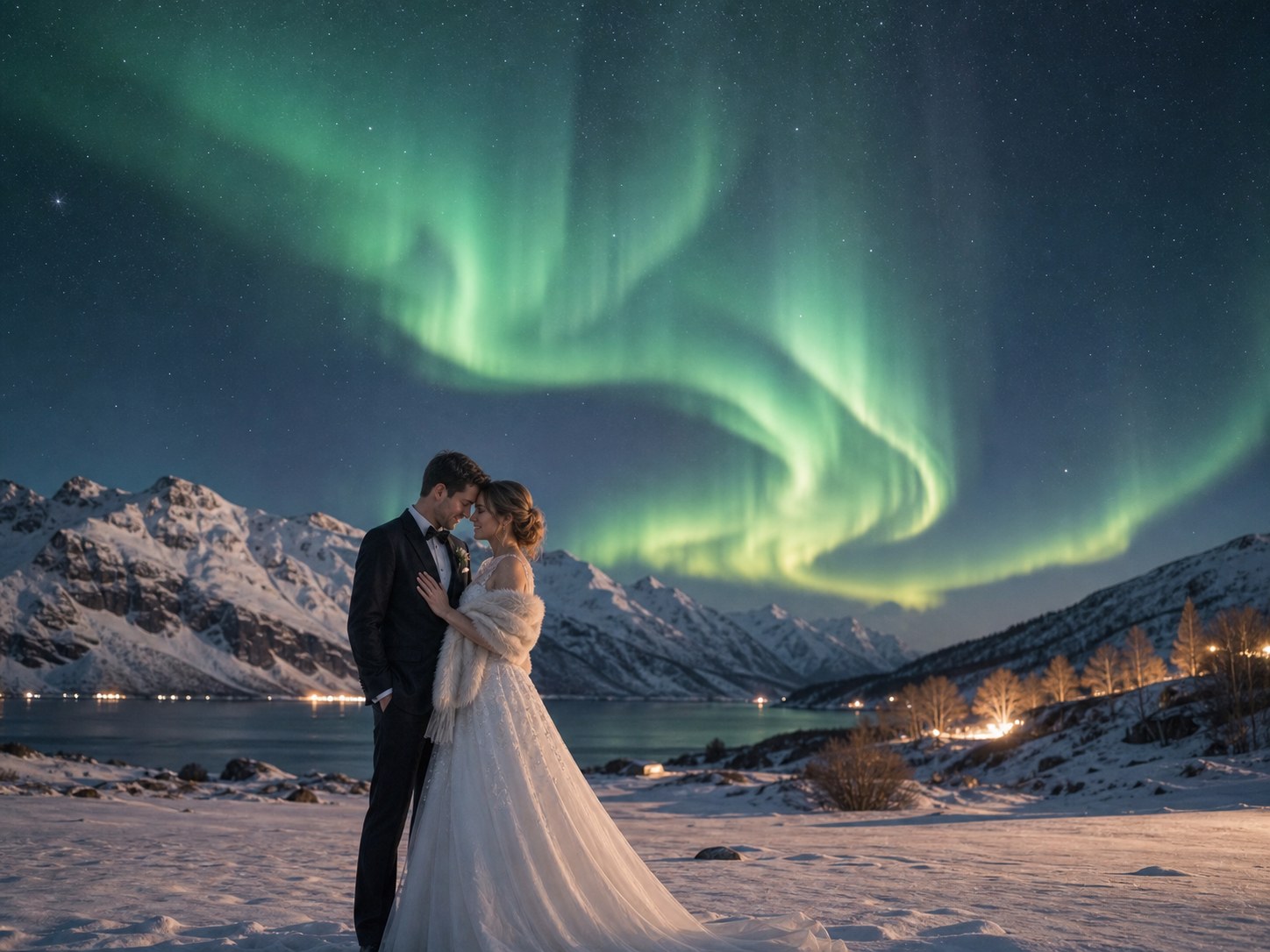Arctic aurora borealis wedding portrait at midnight