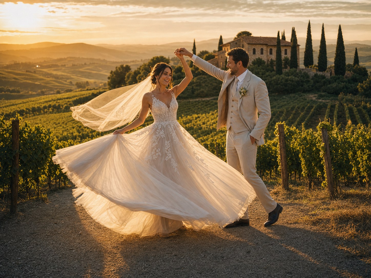 How to Create Tuscany Vineyard Wedding Photos with AI? wedding inspiration image with a clear couple subject