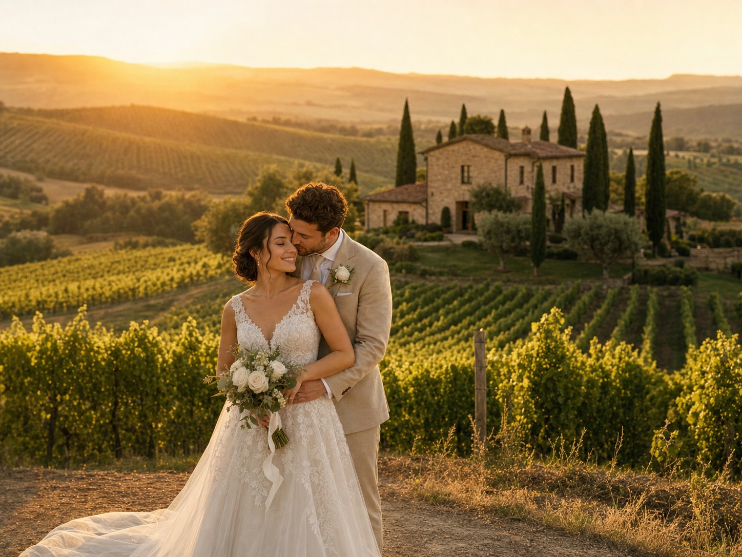 AI Tuscany Wedding Photo Generator: Create Useful Wedding Visuals wedding inspiration image with a clear couple subject
